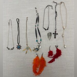 Assorted Women’s Feather Earrings and Pendant Necklaces - Red & Orange